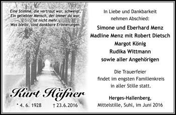 Traueranzeige von Kurt Häfner von Südthüringer Presse