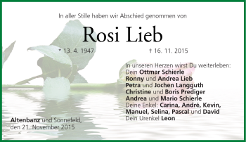 Traueranzeige von Rosi Lieb von Neue Presse Coburg
