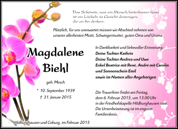 Traueranzeige von Magdalene Biehl von Südthüringer Presse