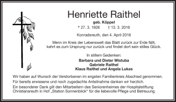 Traueranzeige von Henriette Raithel von Frankenpost