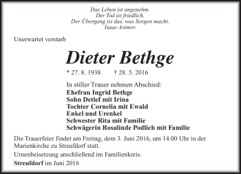 Traueranzeige von Dieter Bethge von Südthüringer Presse