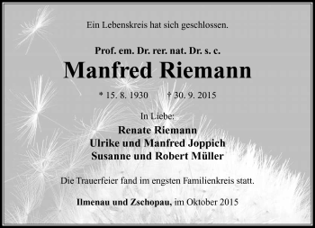 Traueranzeige von Manfred Riemann von Südthüringer Presse