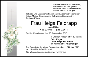 Traueranzeige von Helga Feldrapp von Frankenpost
