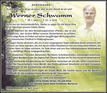 Traueranzeige von Werner Schwamm von Südthüringer Presse