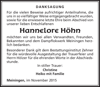 Traueranzeige von Hannelore Höhn von Südthüringer Presse