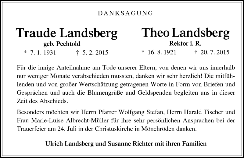  Traueranzeige für TraudeTheo LandsbergLandsberg vom 29.07.2015 aus Neue Presse Coburg
