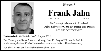 Traueranzeige von Frank Jahn von Neue Presse Coburg