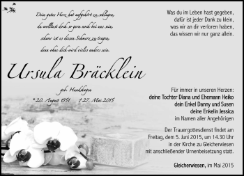 Traueranzeige von ursula Bräcklein von Südthüringer Presse