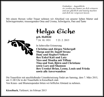 Traueranzeige von Hela Eiche von Südthüringer Presse