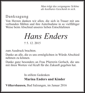 Traueranzeige von Hans Enders von Südthüringer Presse