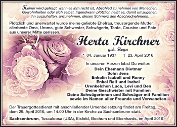Traueranzeige von Herta Kirchner von Südthüringer Presse