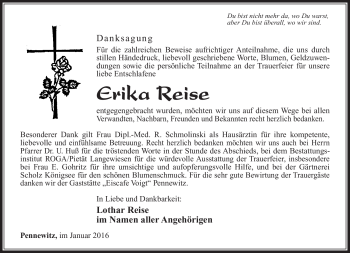 Traueranzeige von Erika Reise von Südthüringer Presse