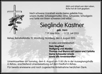 Traueranzeige von Sieglinde Kastner von Frankenpost