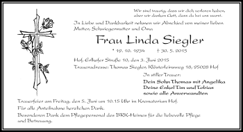 Traueranzeige von Linda Siegler von Frankenpost