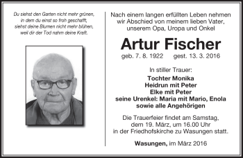 Traueranzeige von Artur Fischer von Südthüringer Presse