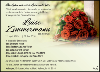 Traueranzeige von Luise Zimnmermann von Südthüringer Presse