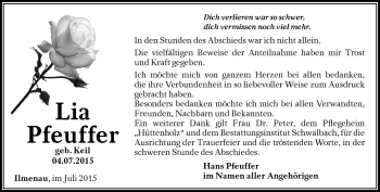 Traueranzeige von Lia Pfeuffer von Südthüringer Presse