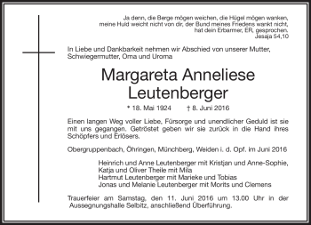 Traueranzeige von Margareta Leutenberger von Frankenpost