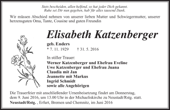 Traueranzeige von Elisabeth Katzenberger von Südthüringer Presse