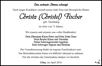 Traueranzeige von Christa Fischer von Südthüringer Presse