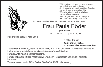Traueranzeige von Paula Röder von Frankenpost