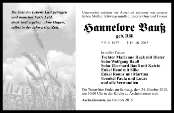 Traueranzeige von Hannelore Bauß von Südthüringer Presse