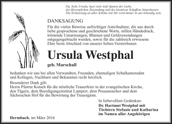 Traueranzeige von Ursula Westphal von Südthüringer Presse