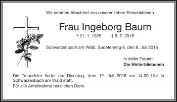Traueranzeige von Ingeborg Baum von Frankenpost