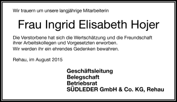 Traueranzeige von Ingrid Elisabeth Hojer von Frankenpost
