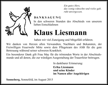 Traueranzeige von Klaus Liesmann von Südthüringer Presse