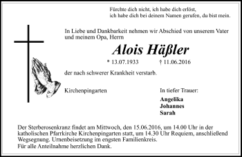 Traueranzeige von Alois Häßler von Frankenpost