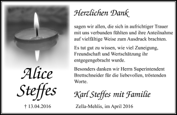 Traueranzeige von Alice Steffes von Südthüringer Presse