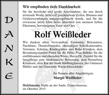 Traueranzeige von Rolf Weißleder von Südthüringer Presse