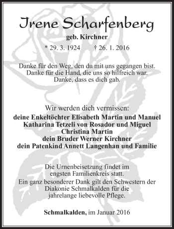Traueranzeige von Irene Scharfenberg von Südthüringer Presse