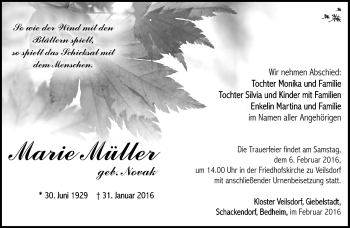 Traueranzeige von Marie Müller von Südthüringer Presse