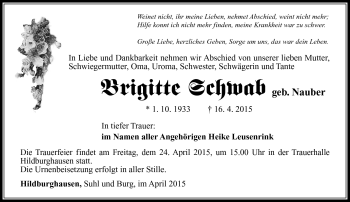 Traueranzeige von Brigitte Schwab von Südthüringer Presse