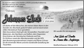 Traueranzeige von Johannes Luck von Südthüringer Presse