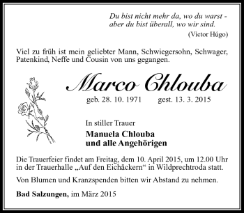 Traueranzeige von Marco Chlouba von Südthüringer Presse