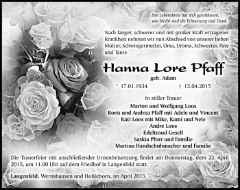 Traueranzeige von Hanna Lore Pfaff von Südthüringer Presse