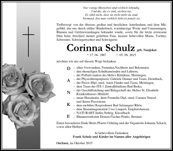 Traueranzeige von Corinna Schulz von Südthüringer Presse