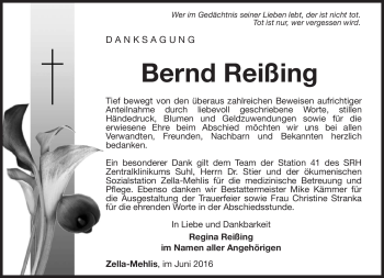 Traueranzeige von Bernd Reißing von Südthüringer Presse