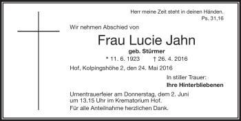 Traueranzeige von Lucie Jahn von Frankenpost
