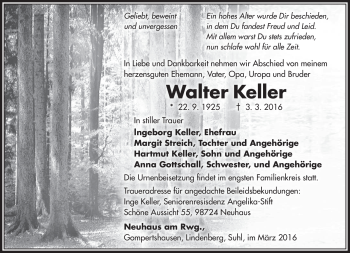 Traueranzeige von Walter Keller von Südthüringer Presse