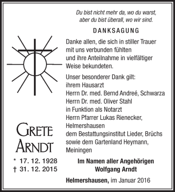 Traueranzeige von Grete Arndt von Südthüringer Presse