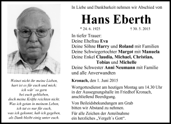 Traueranzeige von Hans Eberth von Neue Presse Coburg