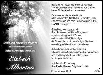 Traueranzeige von Elsbeth Albertus von Südthüringer Presse