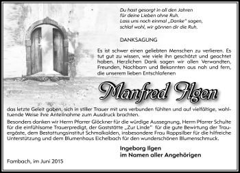 Traueranzeige von Manfred Ilgen von Südthüringer Presse