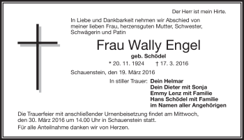 Traueranzeige von Wally Engel von Frankenpost