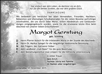 Traueranzeige von Margot Gerstung von Südthüringer Presse