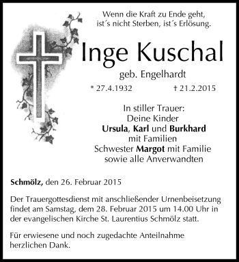 Traueranzeige von Inge Kuschal von Neue Presse Coburg